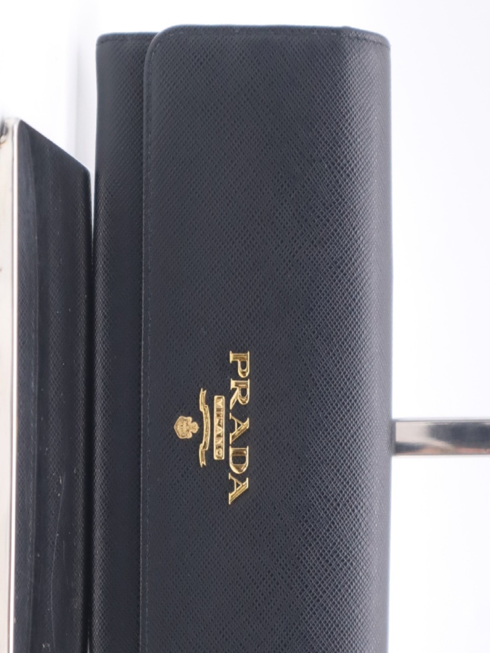 Prada Black Saffiano Leather Long Wallet Gold Logo Pink Interior
